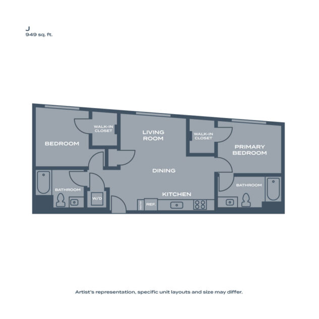 Rendering of the J floor plan with 2 bedroom[s] and 2 bathroom[s] at Artizan Oakland
