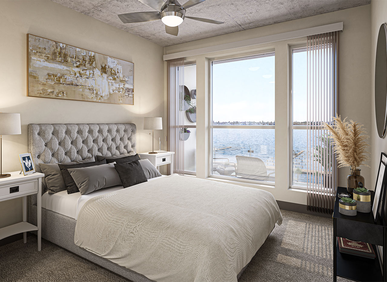 A rendering of a unit bedroom with an ocean view at Artizan