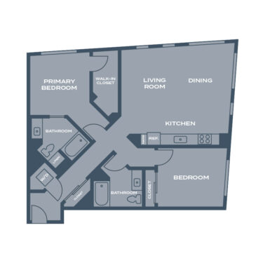 Rendering of the P floor plan with 2 bedroom[s] and 2 bathroom[s] at Artizan Oakland